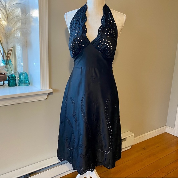 WHBM Dress Satin Halter Top Eyelet Lace Nude Lined Black Cocktail M 8 - Picture 2 of 15